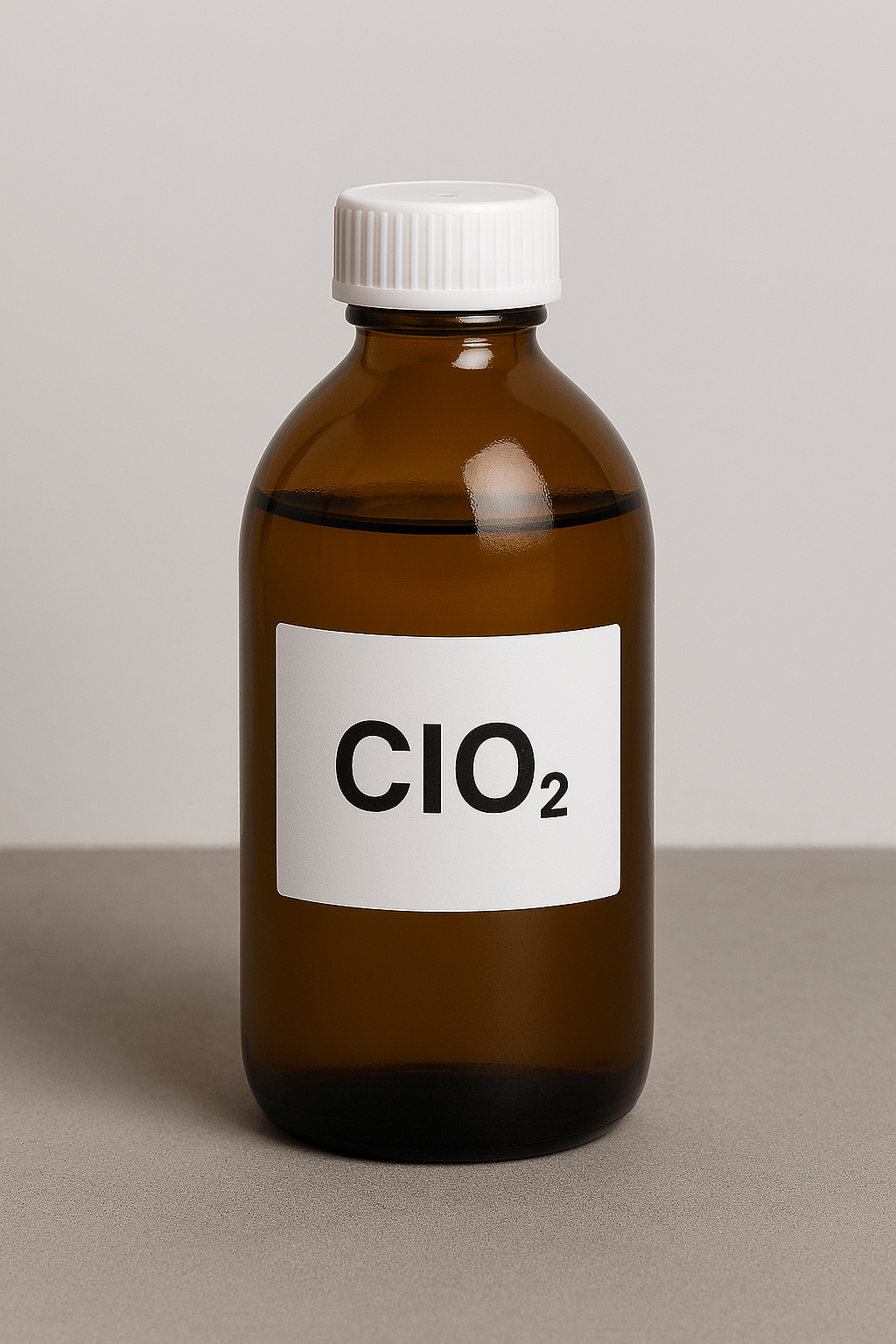 braune Glasflasche, 250 ml, weißer Deckel, mit Flüssigkeit, Clo2, Chlordioxid