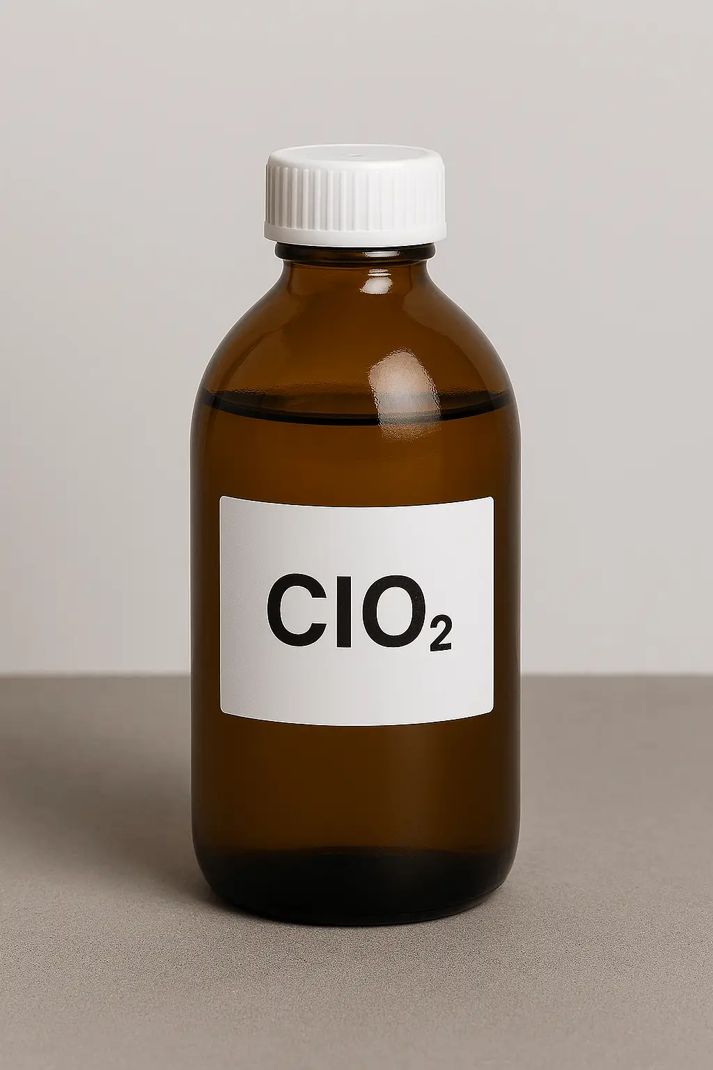 braune Glasflasche, 250 ml, weißer Deckel, mit Flüssigkeit, Clo2, Chlordioxid