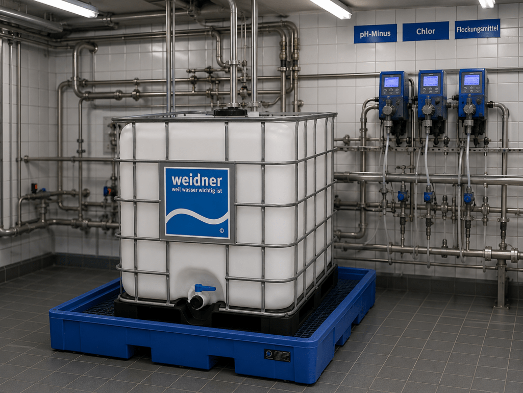 1000 Liter Behälter, IBC, Gittercontainer, weiß, mit dem Weidner-Logo, im Keller, Chemiebehälter