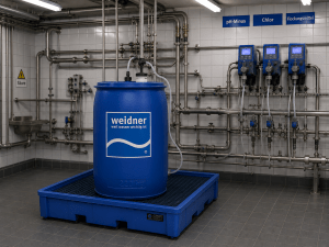 Fass für Chemie, blau, mit dem Weidner-Logo,