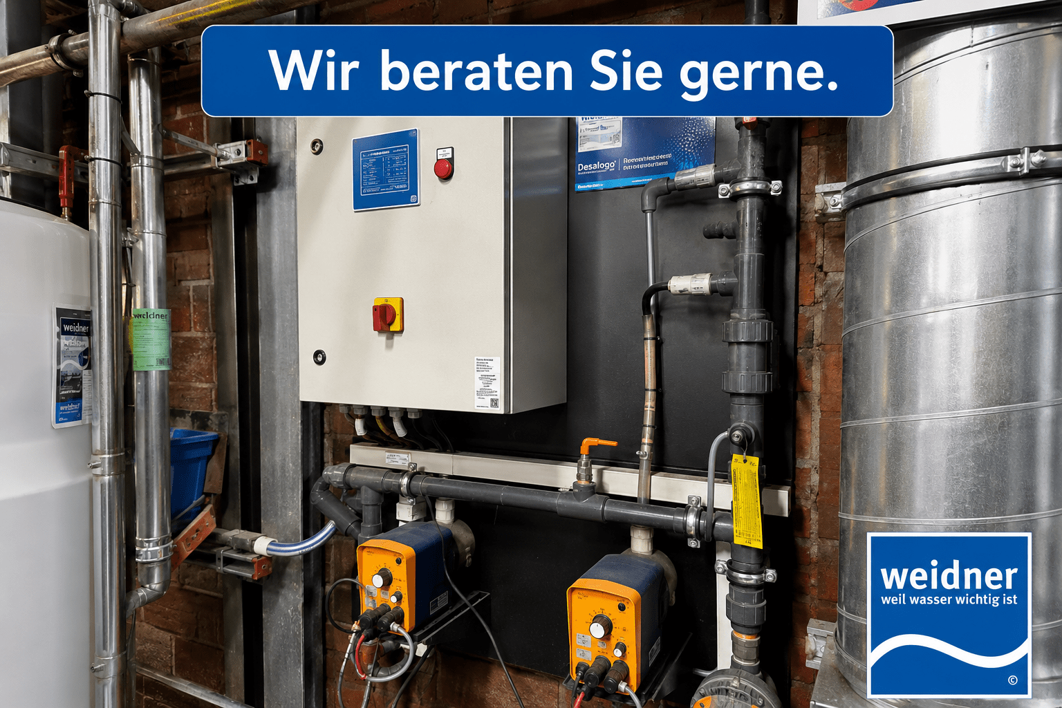 blauer Button, wir beraten sie gerne, Absalzautomatik, Dosieranlage, Überwachen eines Kühlturms