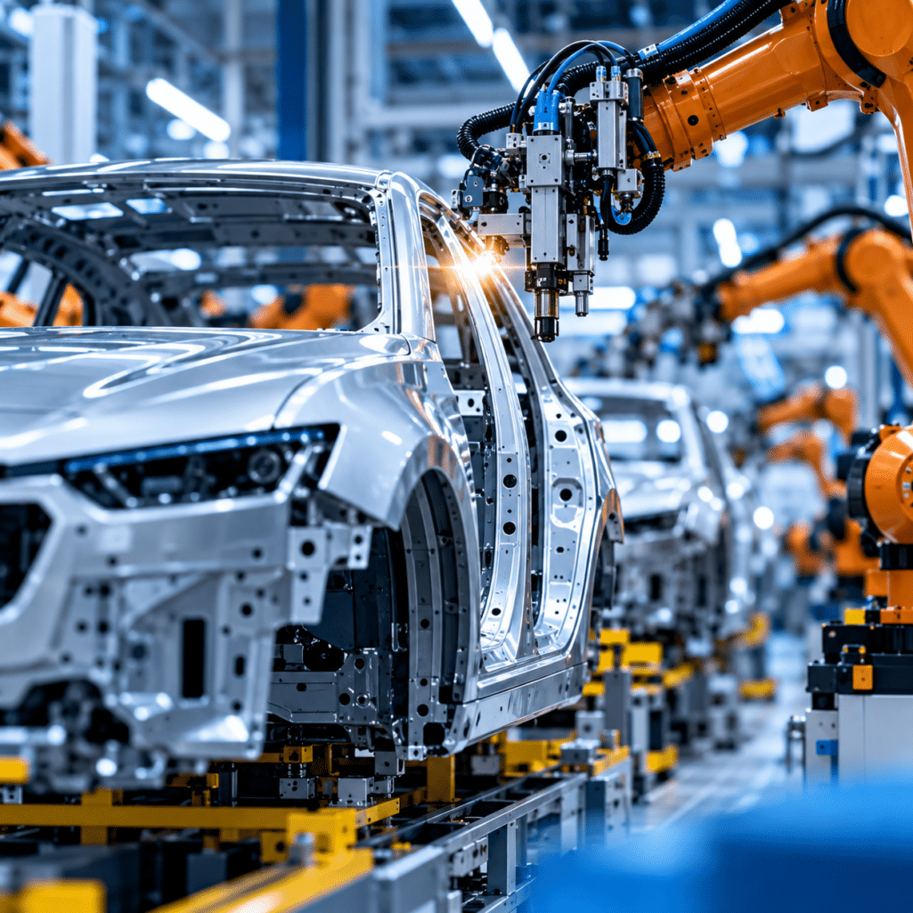 Automobilbranche, Roboterarme, Fahrzeugkarosserien, Werkhalle