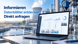 Laptop, Industriearmatur, Kühlturm der dampft, Kläranlage, Sonne, schönes Wetter